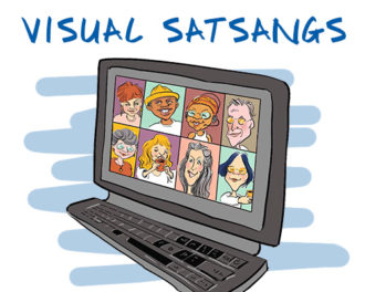 thumbnail line art of computer screen with many people discussing satsangs
