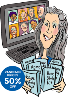 thumbnail line art of computer screen with Christina Merkley holding the home study kits