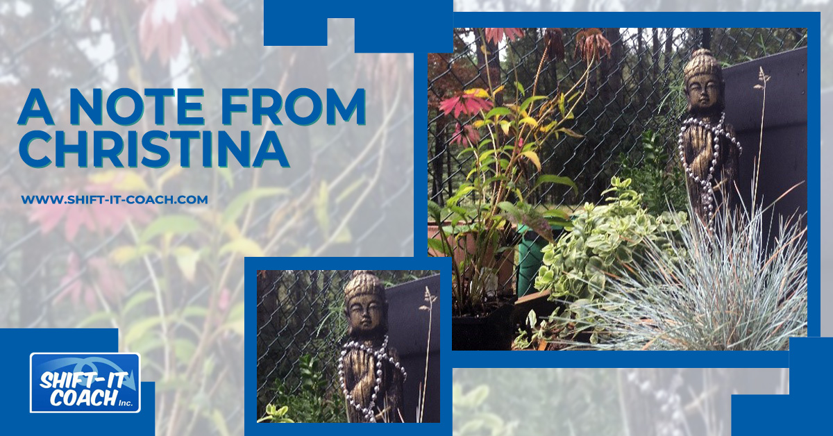 Christina Merkley's garden in Metchosin on Vancouver Island with resident Buddha statue