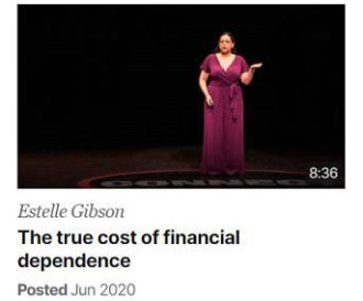 Estelle Gibson on the stage with TED Talks about the true cost of financial dependence