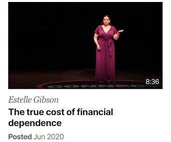 Estelle Gibson on stage for TED talks on the cost of financial independence