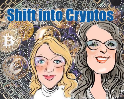 Shift into Cryptocurrencies course image with sketches of Chanel Monk and Christina Merkley