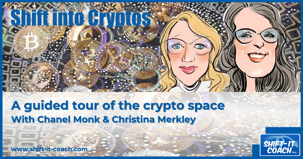 Banner artwork for shift into cryptos Spring 2022 course with sketches of Christina Merkley and Chanel Monk against graphic display of coins and meandering machinery graphics