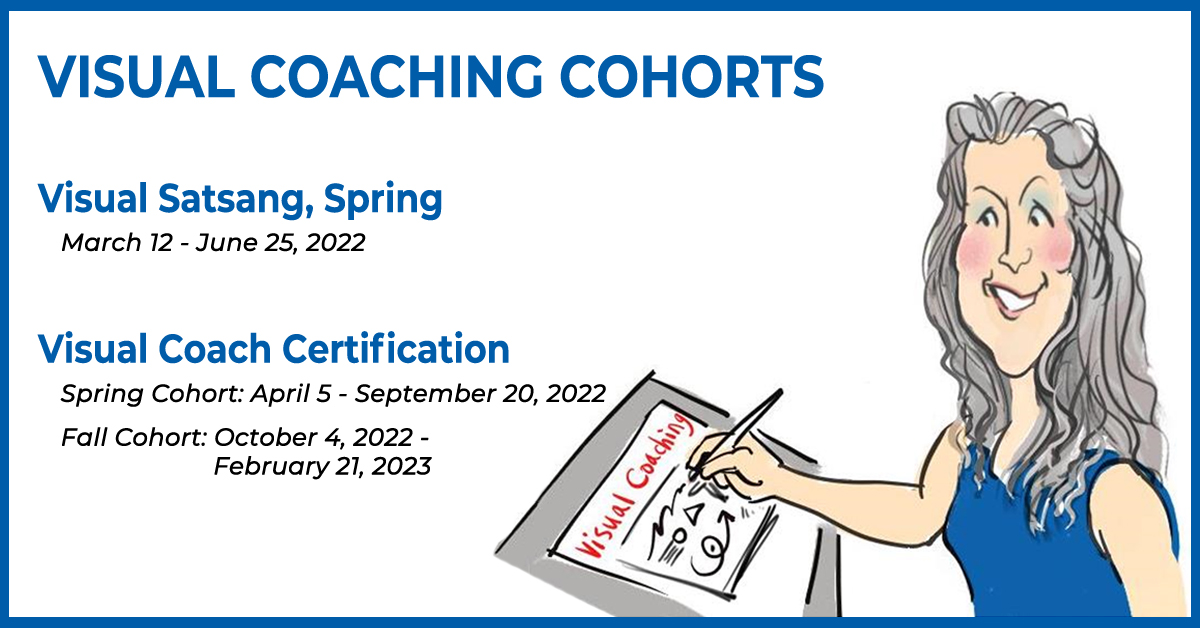 Visual Coaching courses for spring 2022, Visual Satsang and Visual coach Certification with Christina Merkley sketch at her tablet