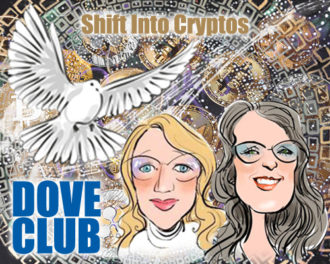 Main Shift Into Cryptos logo with a dove flying across and drawings of Chanel Monk and Christina Merkley against a bitcoin background