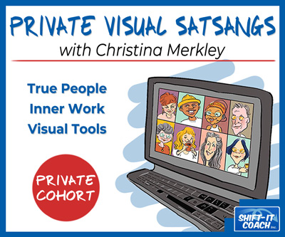 private visual satsangs zoom session with christina merkley line drawing of community of people gathered on a computer screen