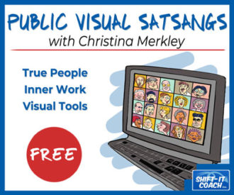free and public visual satsang process popup with christina merkley line drawing of community of people gathered on a computer screen