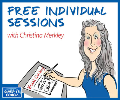 Free Visual coaching sketch of Christina merkley at her tablet for the Free Individual Sessions