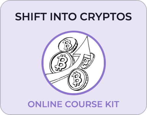 Shift into Cryptos bitcoin sketch with an arrow moving up for the Shift into Cryptos Home Retreat Kit
