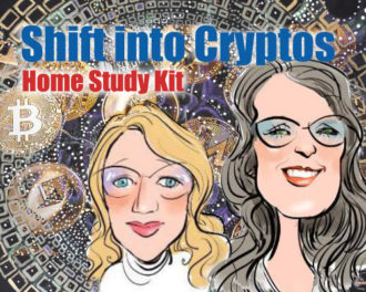 shift into cryptos home study kit thumbnail with christina merkley and chanel monk sketches against a background of bitcoins