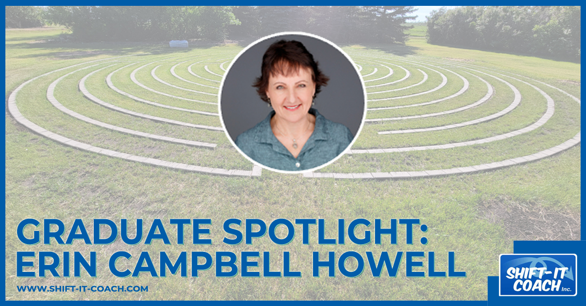portrait of erin campbell howell against the maze she built out of bricks and grass in her backyard