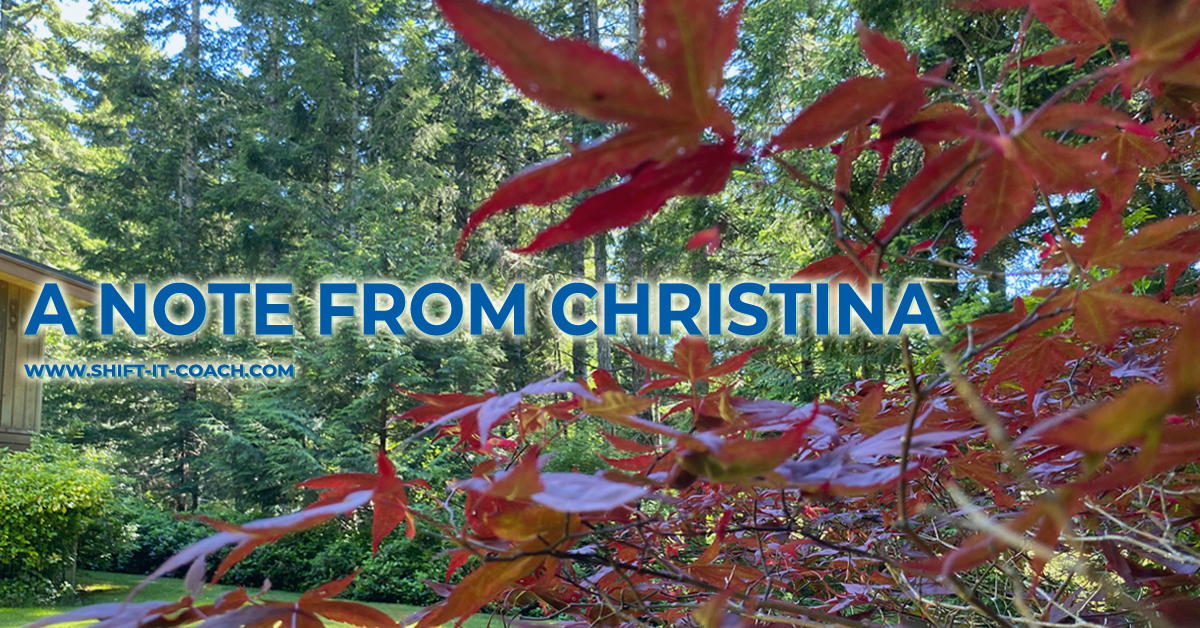 A note from Christina title shot against the dark red leaves in her garden with tall fir trees behind