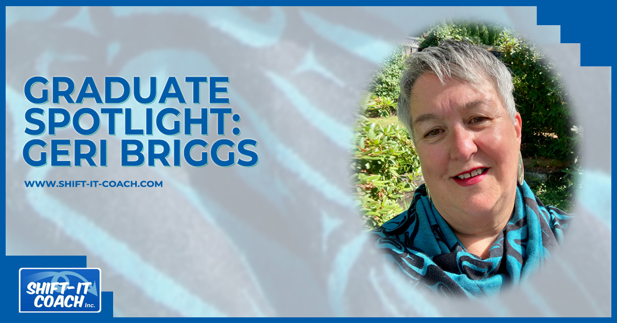 Graduate spotlight on geri briggs banner with her portrait wearing first nations scarf