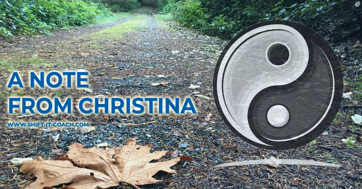 A note from christina merkley banner with yin yang symbol against photo of forest floor and large dropped maple leaf