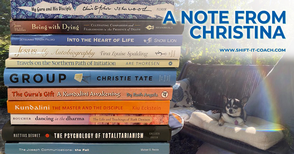 A Note From Christina over two loves: a stack of books and her pup Presley