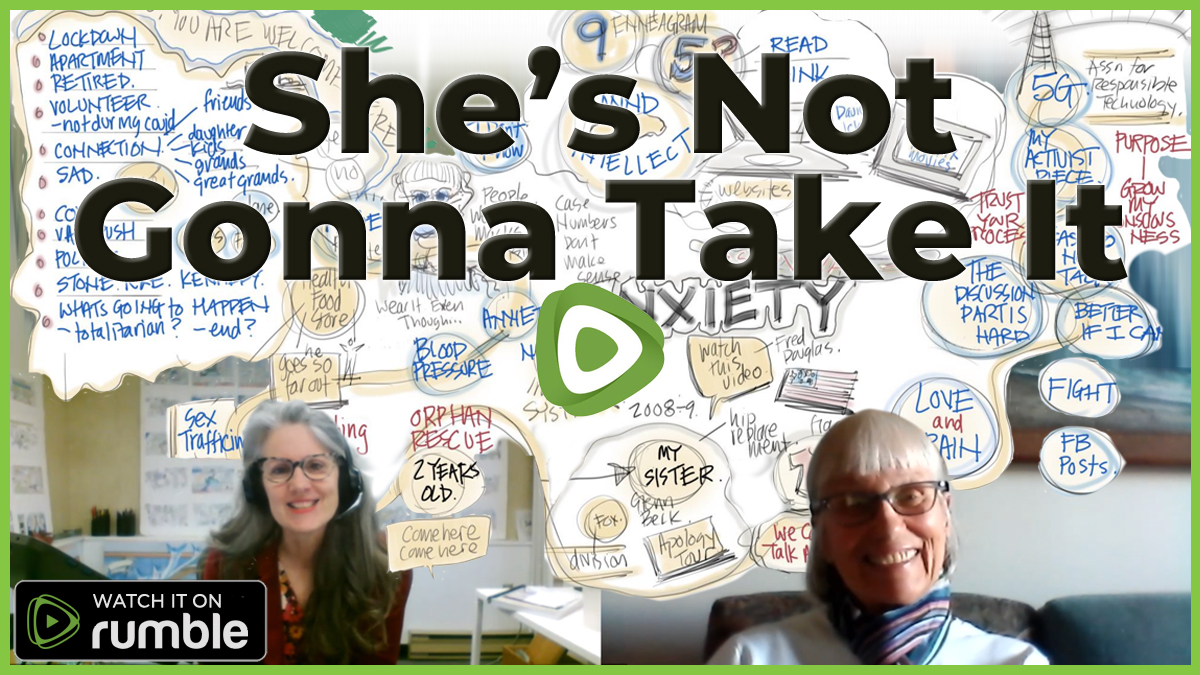 Christina Merkley and Karen against a background of visual map for She's not gonna take it video link