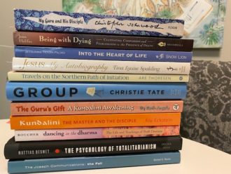 stack of books in the garden