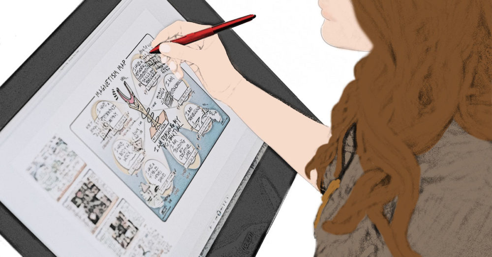 Cartoon of Christina Merkley at her tablet drawing a visual map