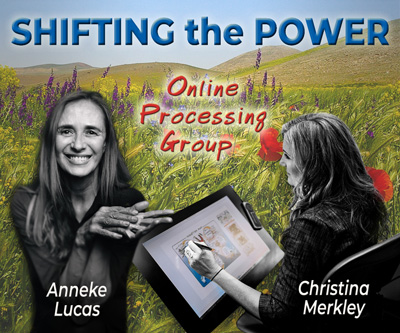 Online Processing Group for Shifting the Power Banner with Anneke Lucas and Christina Merkley on her drawing tablet working on a visual map. Against a field of wildflower, poppies and purple strife.