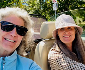 Christina in her convertible with the top down driving to Beacon Hill Park
