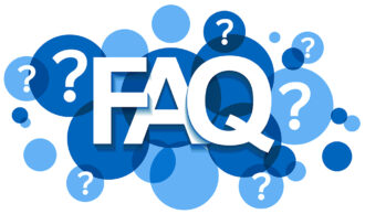 bubble art in shades of royal blue with question marks and text FAQ