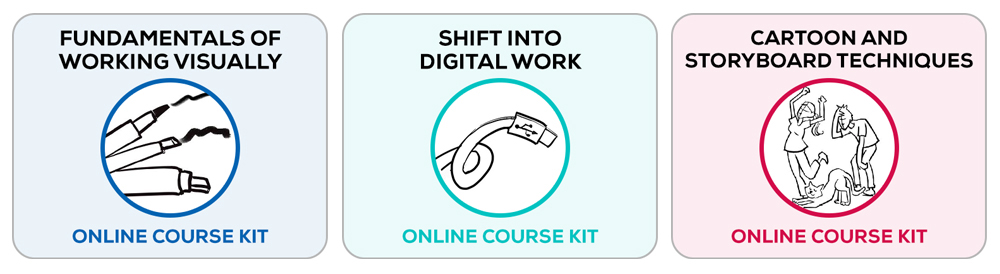 3 icons for Fundamentals of Working Visually, Shift Into Digital Work and Cartoon and Storyboard Techniques - online course kits