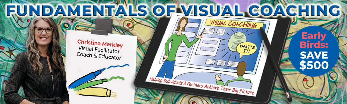 Christina merkley standing with a clipboard with colorful markers and a tablet with a visual coaching banner. Fundamentals of Visual Coaching and Early Birds get $500 off.