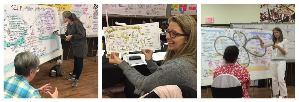 visual coaching students creating visual maps at the whiteboard, and on the tablet.