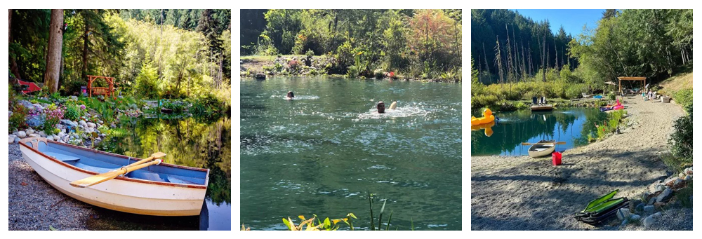 Trio of photos taken in metchosin British Columbia on Vancouver Island: a rowboat on the rainforest river; people swimming in a lake surrounded by trees, on the river beach with the forest behind and blue skies