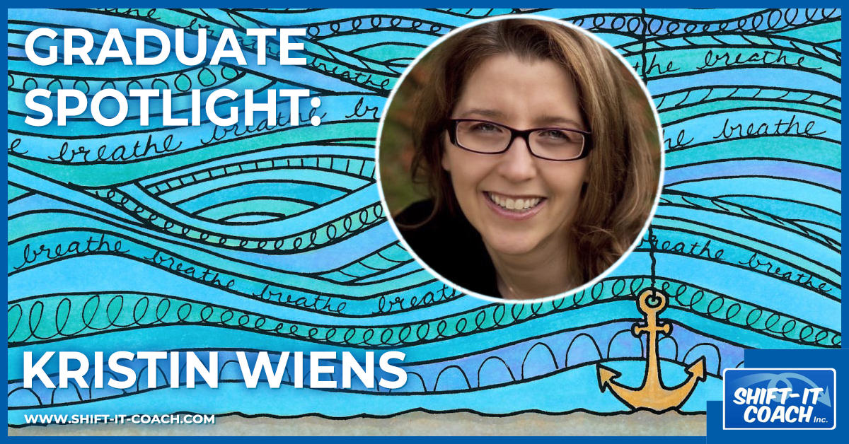 visual coach graduate spotlight on Kristin Wiens banner with Kristin in a circle of white, against a turquoise line art of the ocean and an anchor created by Kristin Wiens