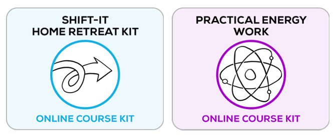 Logos for 2 home study kits: Shift-It in pale blue with a line art looping arrow; practical energy work in purple with a sketch of atoms orbiting a center.