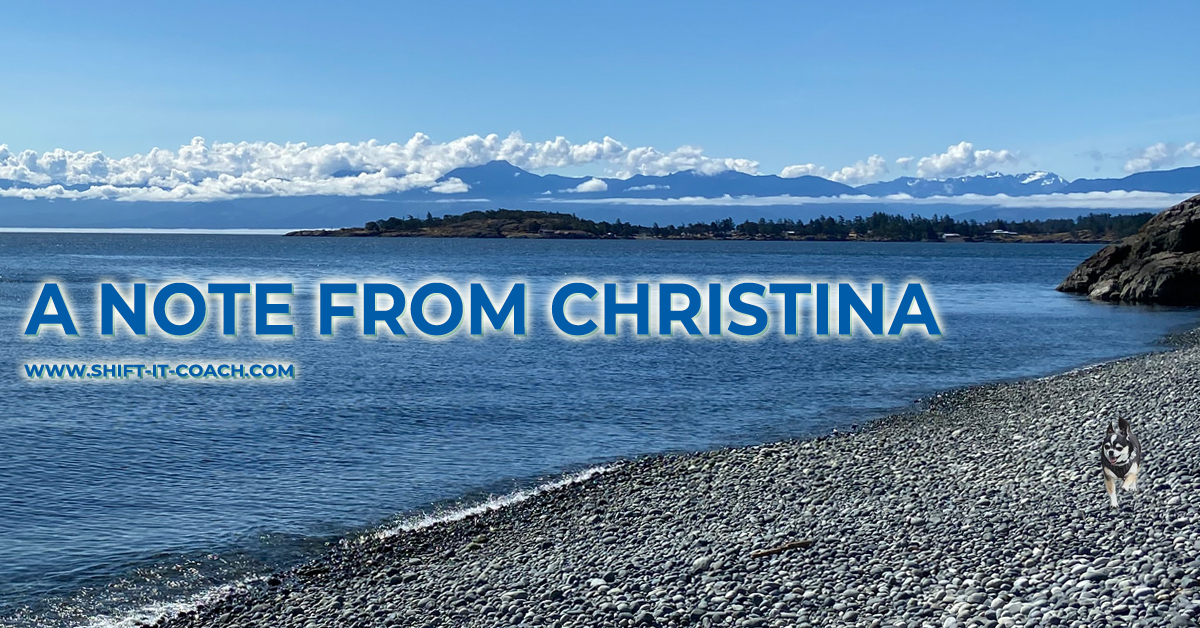 A note from Christina banner of puppy Presley running on the beach with the clouds and olympic mountains as a backdrop for the water and waves on a sunny day.