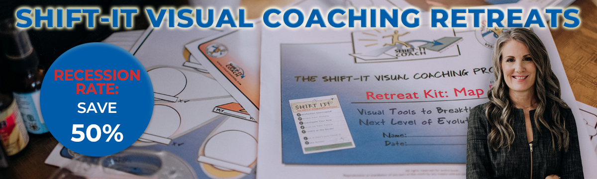 SHIFT-IT Visual Coaching Retreats banner with Christina Merkley in a brown tweed jacket in front of a background of visual maps, markers and manuals. With a 50% off recession rate blue bubble.