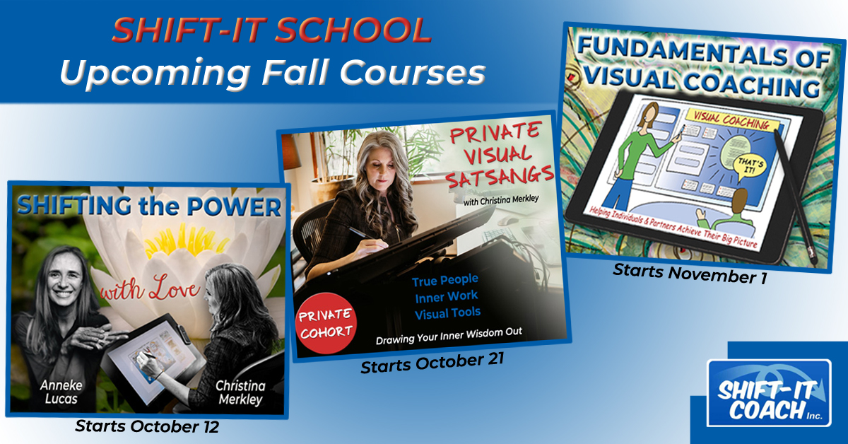 upcoming courses at SHIFT-IT Coach with Christina Merkley: 3 individual course graphics of Christina working at her tablet for Visual Satsangs, Shifting the Power and Fundamentals of Visual Coaching