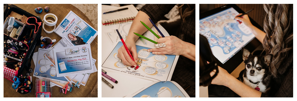 Trio of images: a table covered in markers and visual maps; hands drawing with colorful markers, creating visual maps; the back of Christina Merkley drawing visual maps on her tablet with Presley, her little black and white chihuahua dog, looking at the camera while on her lap.