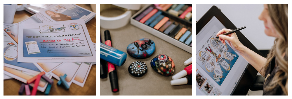 Trio of images: a table covered with the SHIFT-IT Visual Coaching manual and maps; colorful markers and pastels on a table with painted rocks in the center; creating visual maps; the back of Christina Merkley drawing visual maps on her tablet.