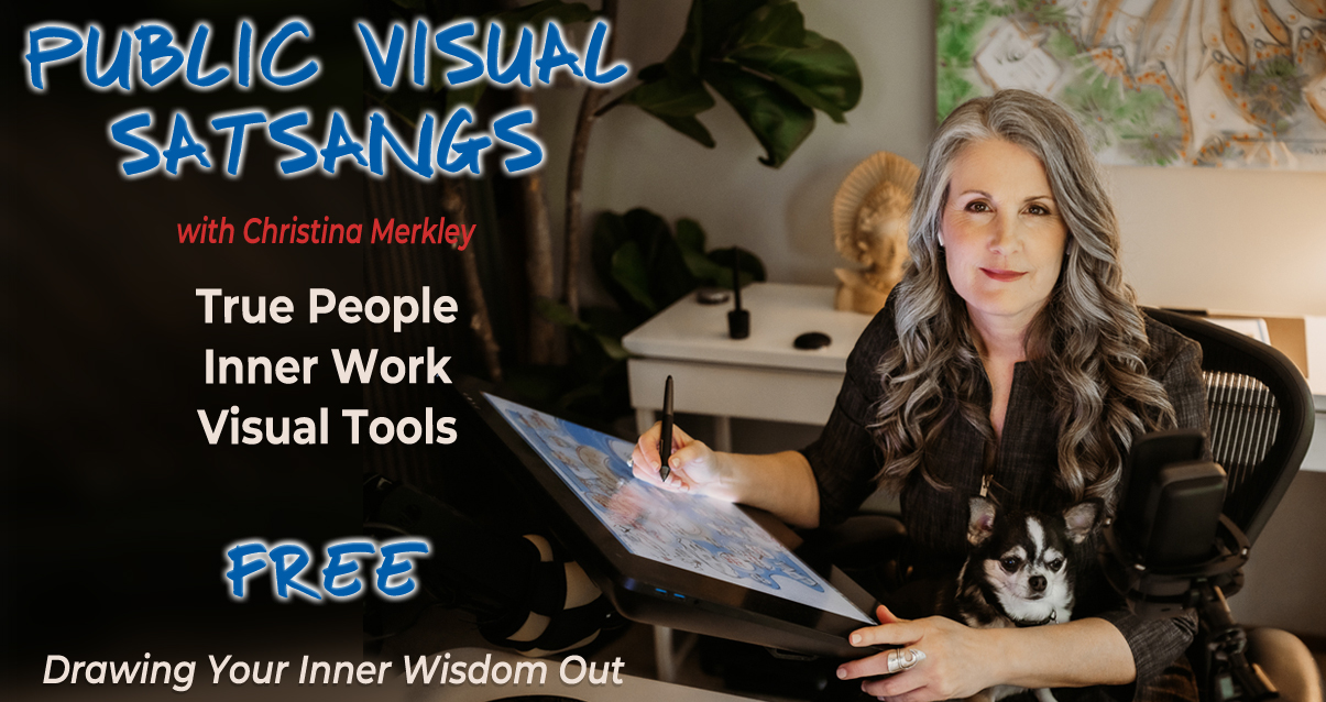 Public Visual Satsang banner with Christina Merkley at her tablet in her home office with Presley her chihuahua sitting on her lap