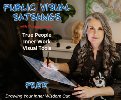 Public Visual Satsang thumbnail with Christina Merkley at her tablet in her home office with Presley her chihuahua sitting on her lap