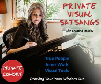 Christina Merkley at her tablet in her home office with greenery and plants all around for this banner for Private Visual Satsangs