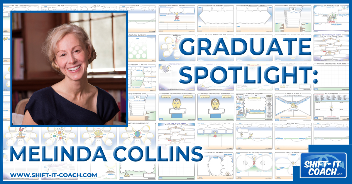 Melinda Collins Certified Visual Coach in a black top with a big smile, set against a background visual life maps in this graduate spotlight blog header