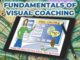 Colorful graphic with the course Fundamentals of Visual Coaching written across the top. A tablet and pen with Visual Coaching graphic in it.