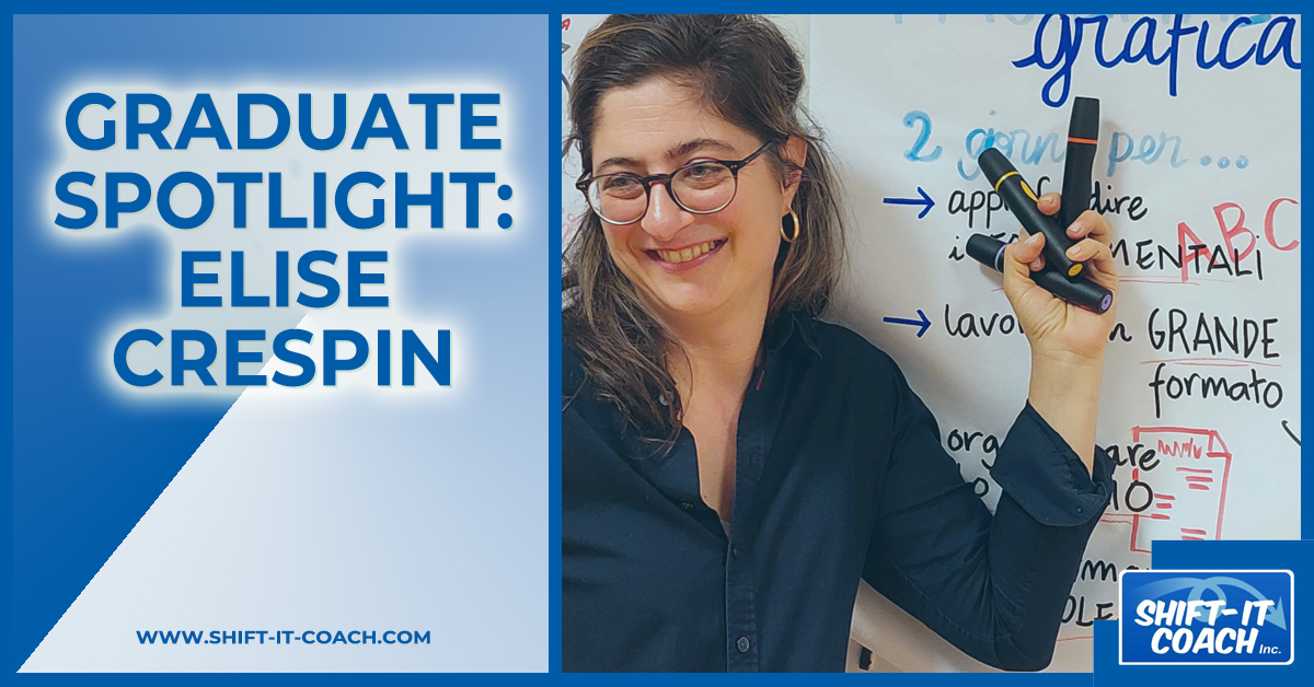 Certified visual coach spotlight on Elise Crespin of Germany shows Elise smiling from a whiteboard filled with her visual map drawing