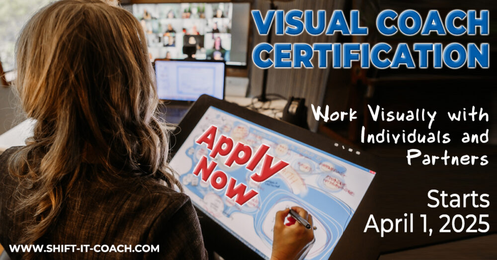 Viewing the Back of Christina Merkley as she works at her tablet with an online cohort in the background for Visual Coach Certification 2025. Tablet displays the words "Apply Now" for April 1st, 2025 start.