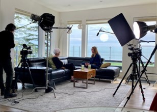 Anneke Lucas podcast interviewing Dr. Alison Miller with the ocean surounding them.