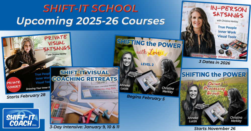 SHIFT-IT School upcoming 2025/2026 Winter and Spring Courses with course graphics for Shifting the Power with Anneke Lucas, SHIFT-IT Intensive Retreat, In Person Satsang Days and Private Visual Satsangs