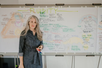 Christina Merkley, markers in hand, smiles while standing in front of a large visual map created in the classroom.