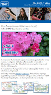 Snapshot of the first part of an eZine, with a Note From Christina image of bright pink rhodos