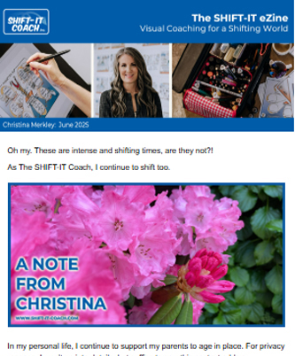 Snapshot of the first part of an eZine, with a Note From Christina image of bright pink rhodos