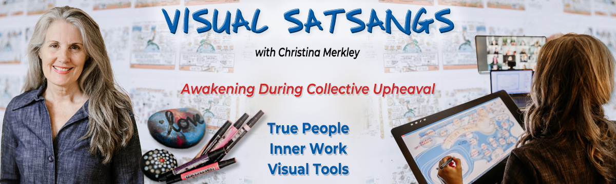 Christina Merkley smiling in denim surrounded by the markers and drawing tablets of Visual Satsangs