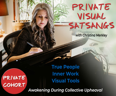 Christina Merkley working at her table, for Private Visual Satsangs with the Vancouver Island Rainforest outside the office window.